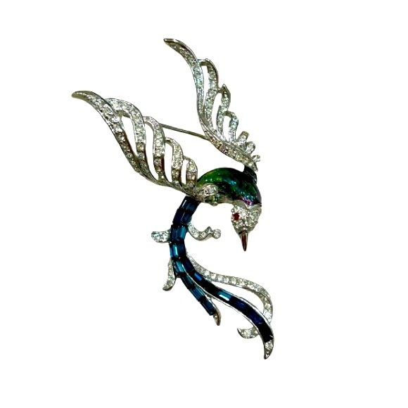 Vintage Red Crystal Rhinestone Chinese Phoenix Bird Brooch Pin